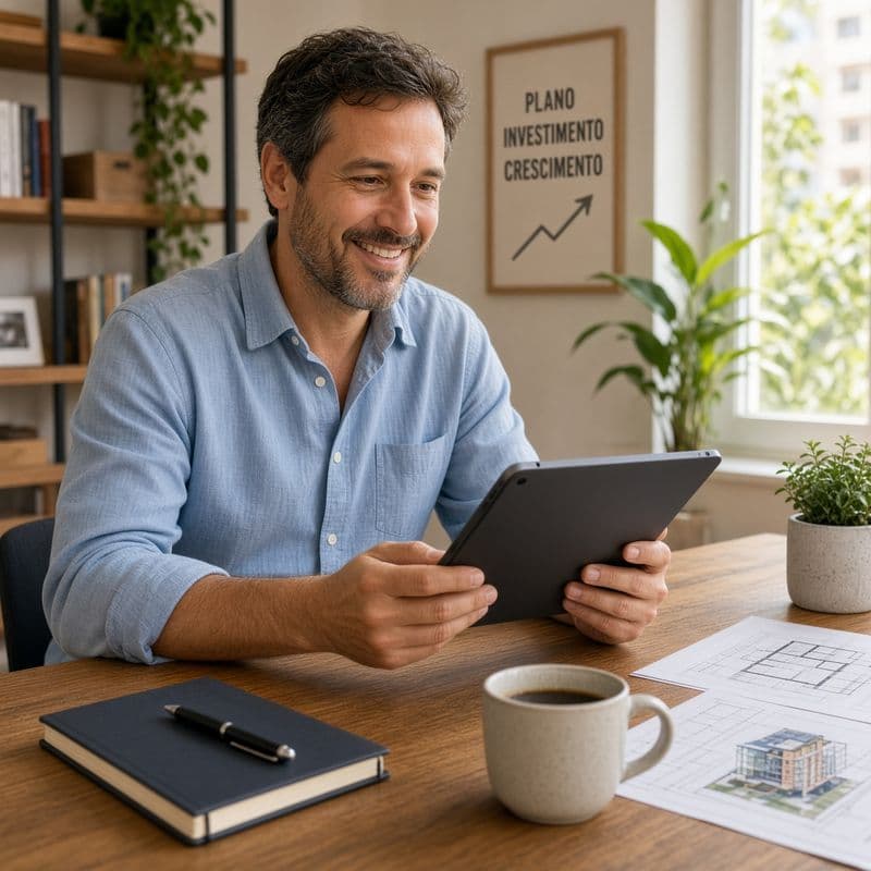 Empreendedor confiante e sorridente analisando o planejamento do seu negócio em um tablet. Card ilustrativo de Consórcio para Investimentos da Consortiza: A estratégia inteligente para alavancar seu patrimônio, expandir sua empresa ou construir uma carteira de imóveis de aluguel sem pagar os juros abusivos dos bancos.